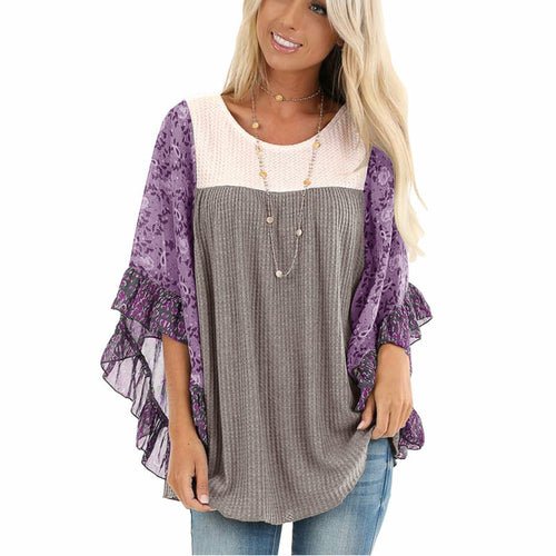 Batwing Sleeve Printed Color Block Waffle Top - Busy Bee Bazaar
