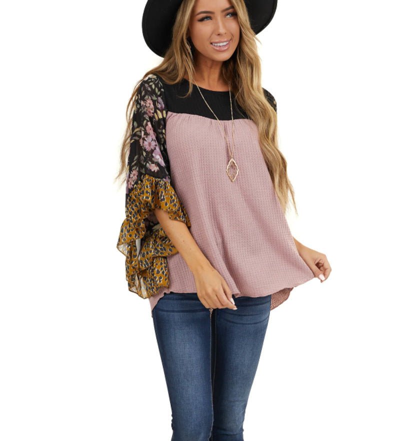 Batwing Sleeve Printed Color Block Waffle Top - Busy Bee Bazaar