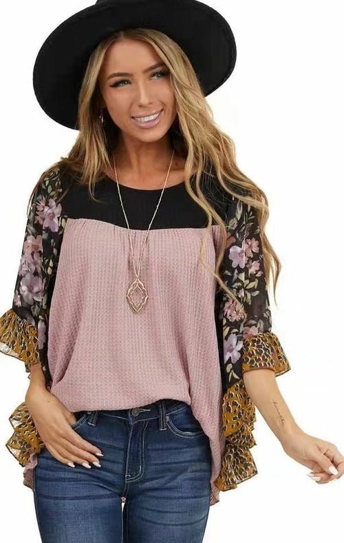 Batwing Sleeve Printed Color Block Waffle Top - Busy Bee Bazaar