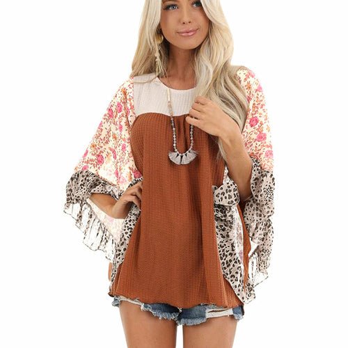 Batwing Sleeve Printed Color Block Waffle Top - Busy Bee Bazaar