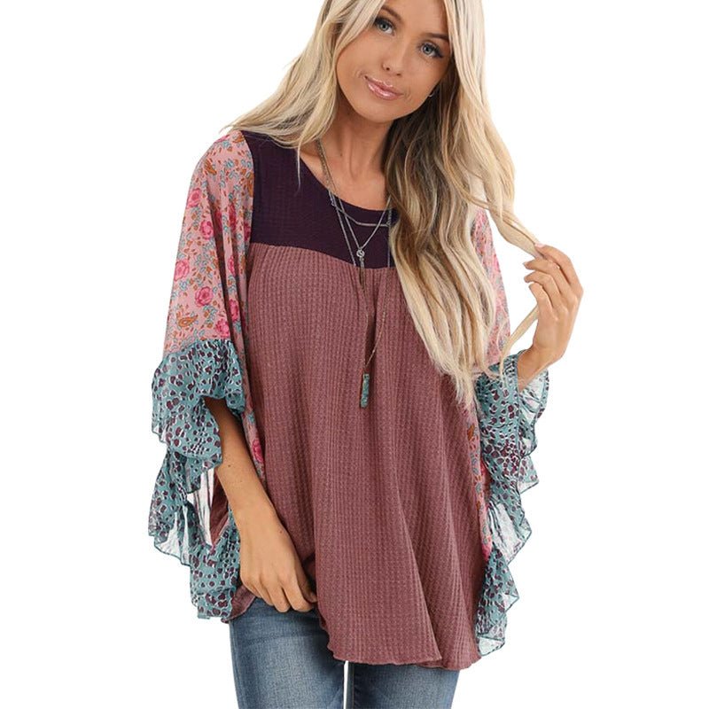 Batwing Sleeve Printed Color Block Waffle Top - Busy Bee Bazaar