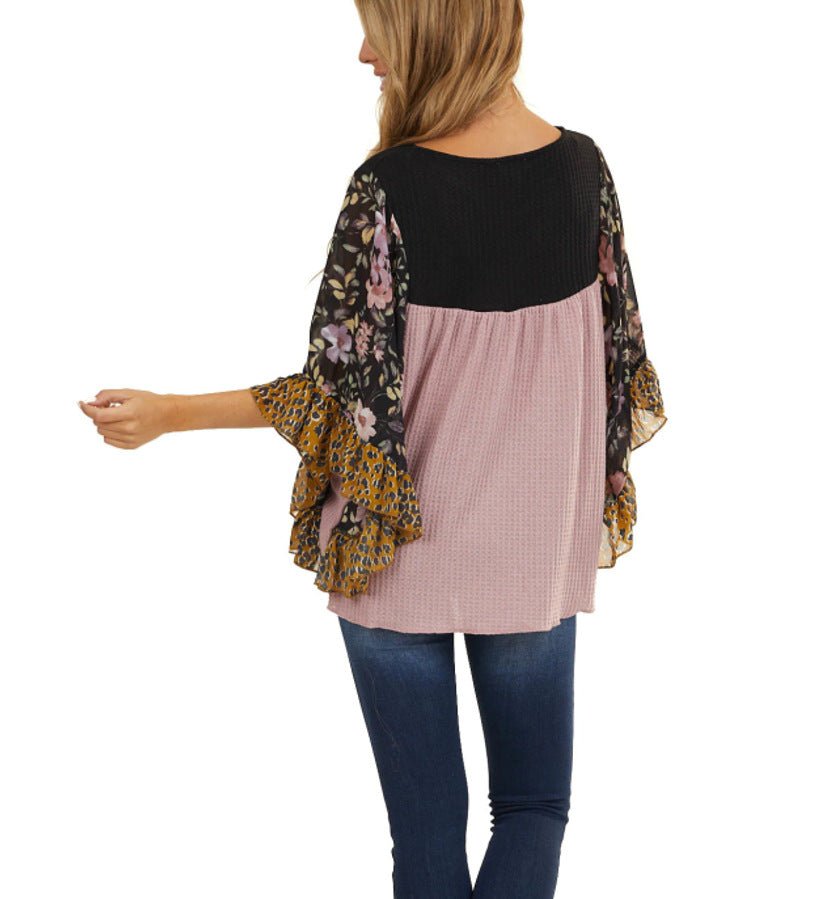 Batwing Sleeve Printed Color Block Waffle Top - Busy Bee Bazaar