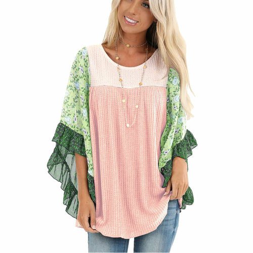 Batwing Sleeve Printed Color Block Waffle Top - Busy Bee Bazaar