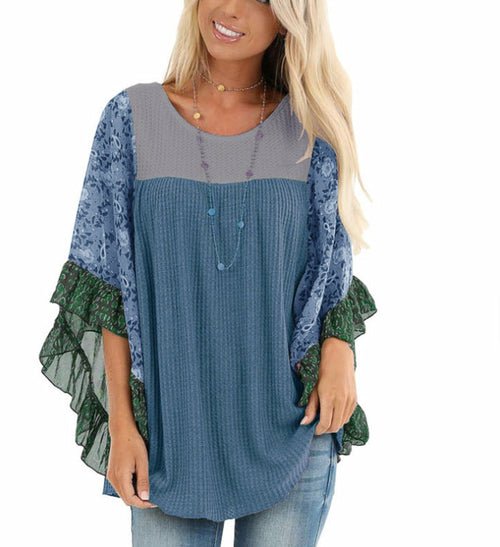 Batwing Sleeve Printed Color Block Waffle Top - Busy Bee Bazaar