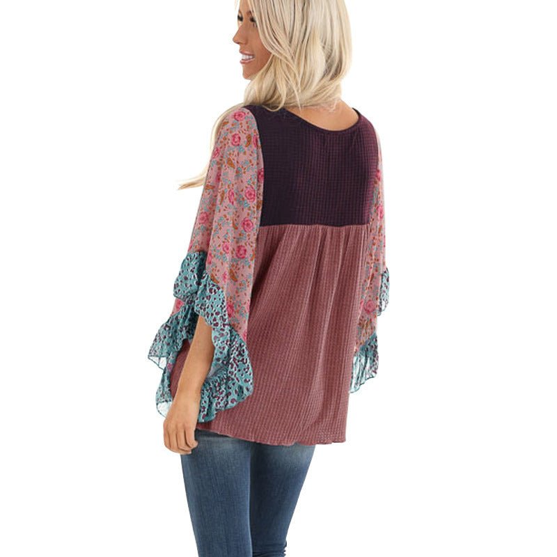 Batwing Sleeve Printed Color Block Waffle Top - Busy Bee Bazaar