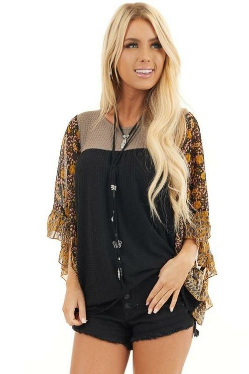 Batwing Sleeve Printed Color Block Waffle Top - Busy Bee Bazaar