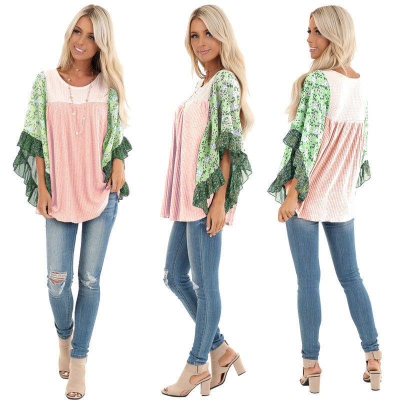 Batwing Sleeve Printed Color Block Waffle Top - Busy Bee Bazaar