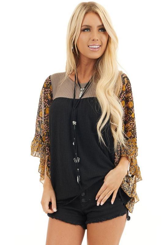 Batwing Sleeve Printed Color Block Waffle Top - Busy Bee Bazaar