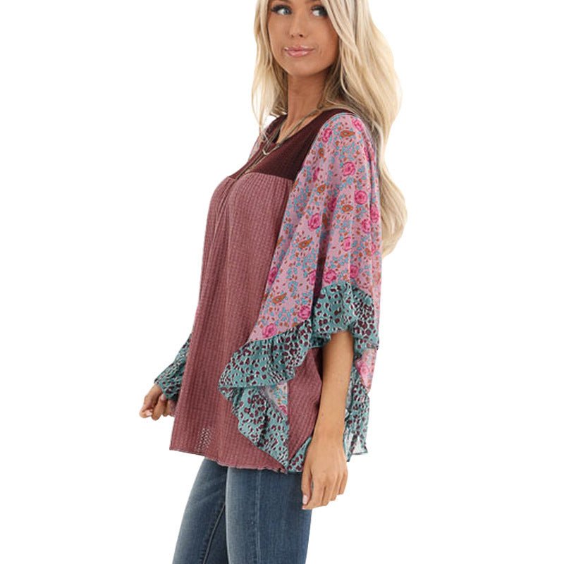 Batwing Sleeve Printed Color Block Waffle Top - Busy Bee Bazaar