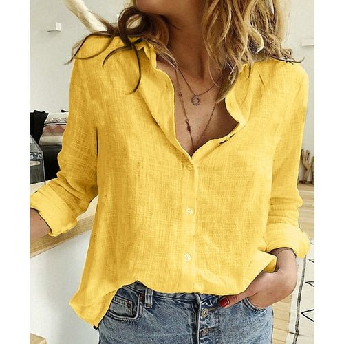Casual Cotton Linen White Yellow Shirt Top - Busy Bee Bazaar