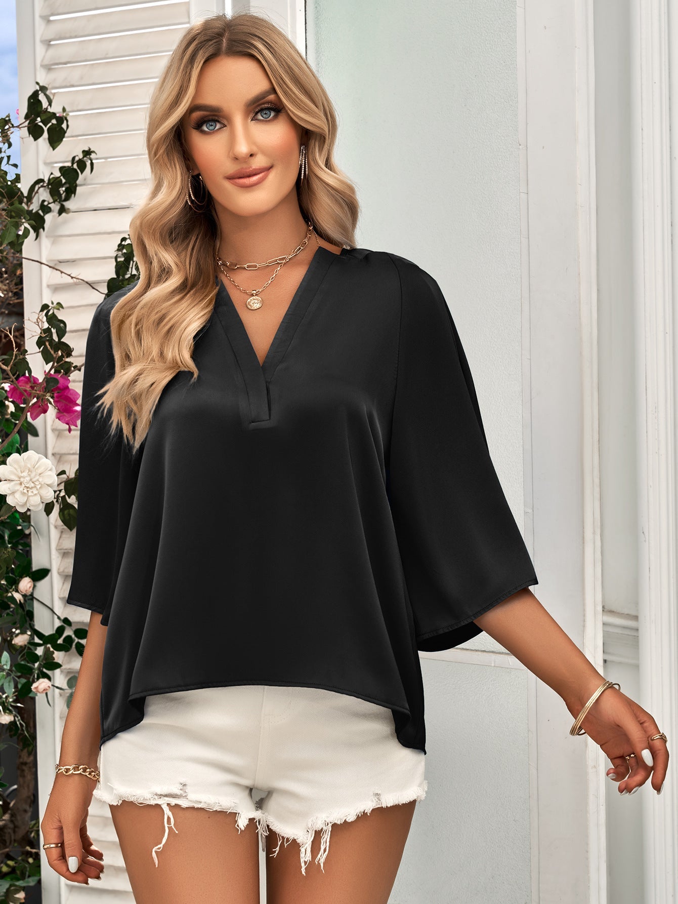 Casual Loose V-neck Top with Half Sleeve - Busy Bee Bazaar