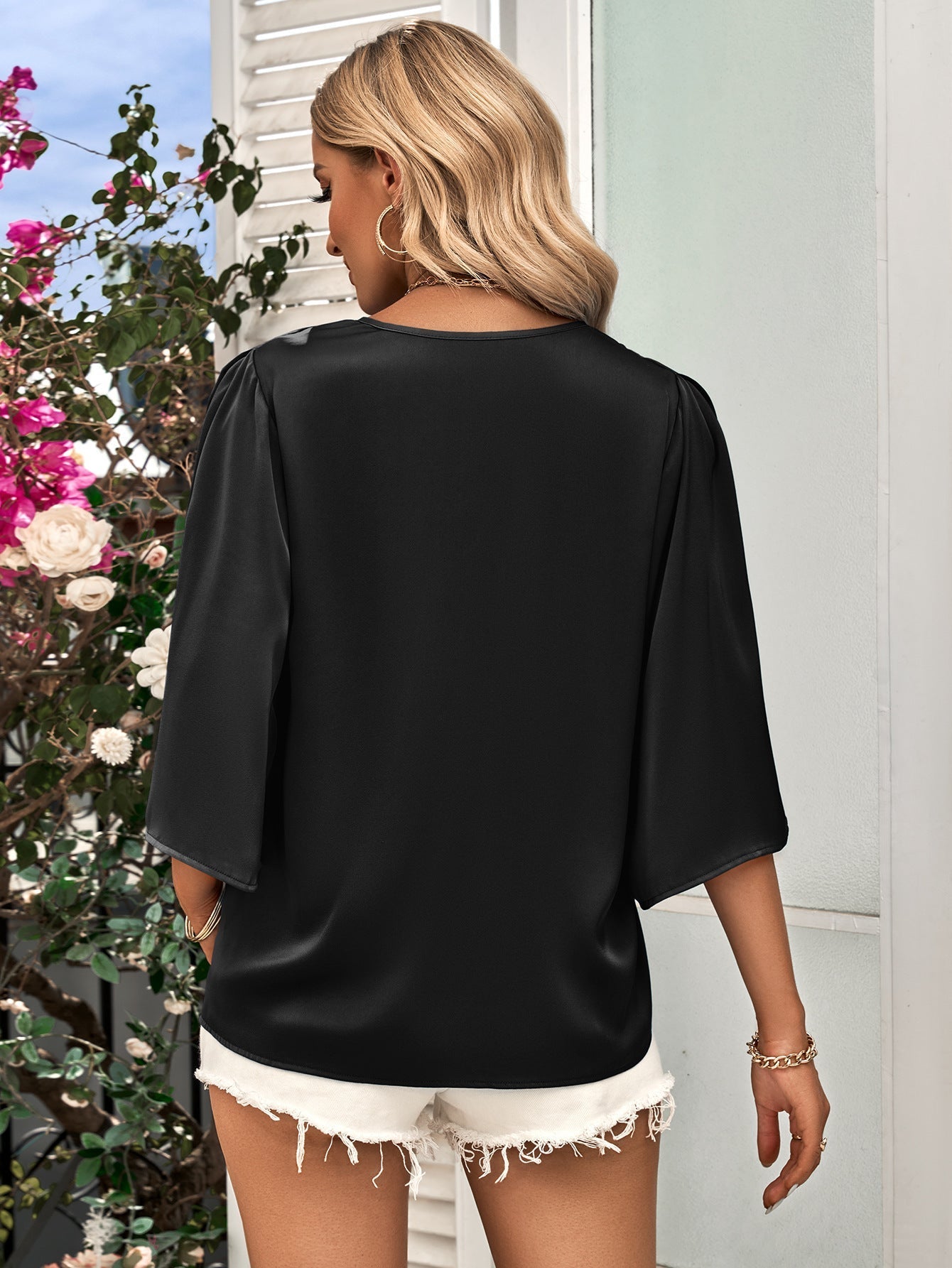 Casual Loose V-neck Top with Half Sleeve - Busy Bee Bazaar