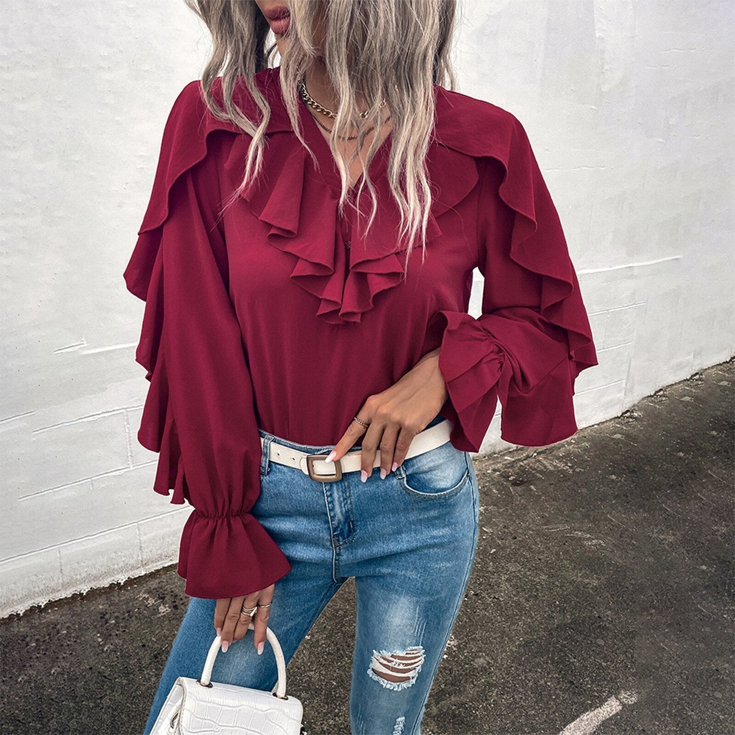 Casual Ruffled V-Neck Full Sleeve Shirt - Busy Bee Bazaar