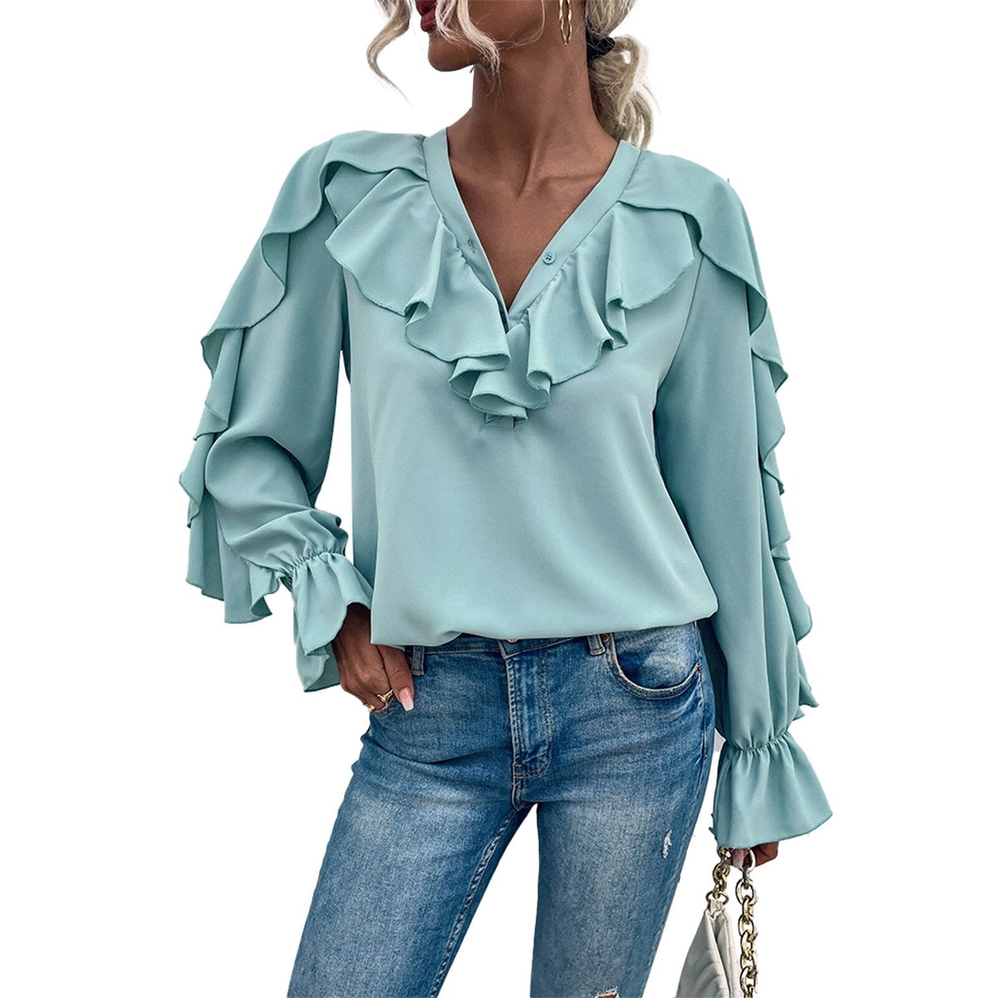 Casual Ruffled V-Neck Full Sleeve Shirt - Busy Bee Bazaar