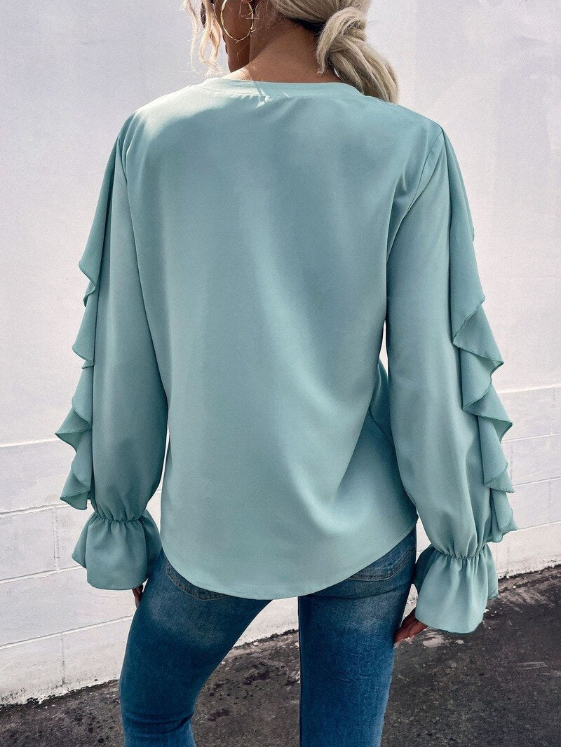 Casual Ruffled V-Neck Full Sleeve Shirt - Busy Bee Bazaar