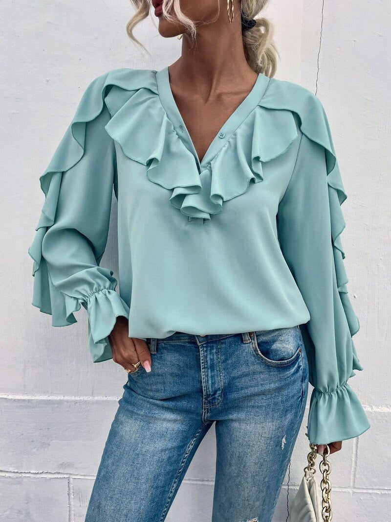 Casual Ruffled V-Neck Full Sleeve Shirt - Busy Bee Bazaar