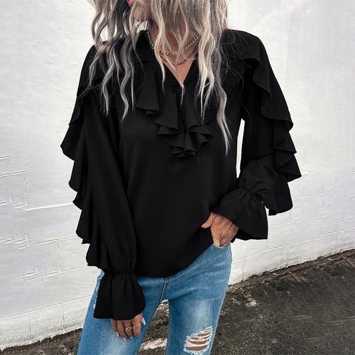 Casual Ruffled V-Neck Full Sleeve Shirt - Busy Bee Bazaar