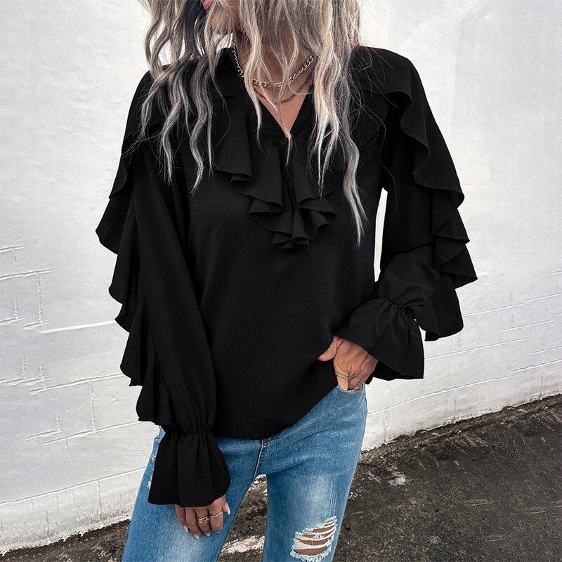 Casual Ruffled V-Neck Full Sleeve Shirt - Busy Bee Bazaar