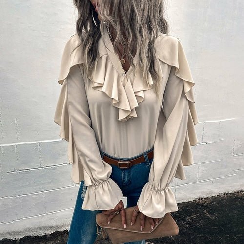 Casual Ruffled V-Neck Full Sleeve Shirt - Busy Bee Bazaar