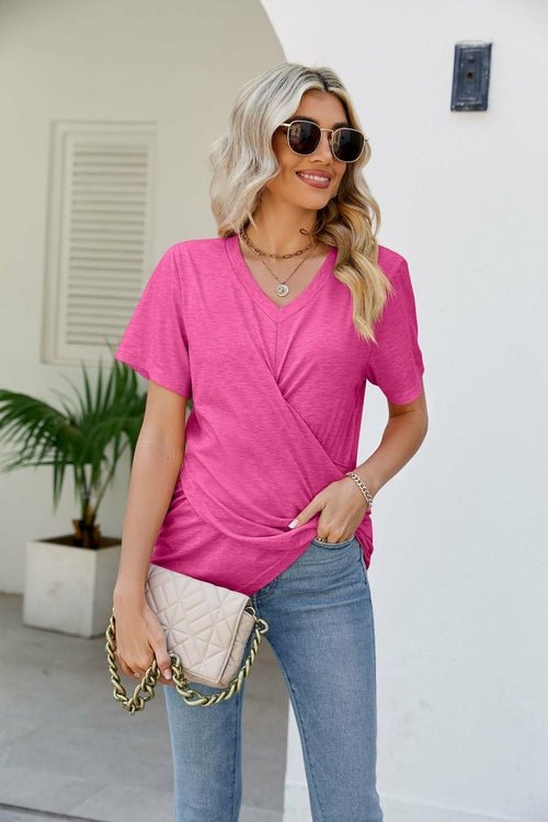 Casual Short-Sleeve V-Neck T-Shirt with Knotted Front - Busy Bee Bazaar