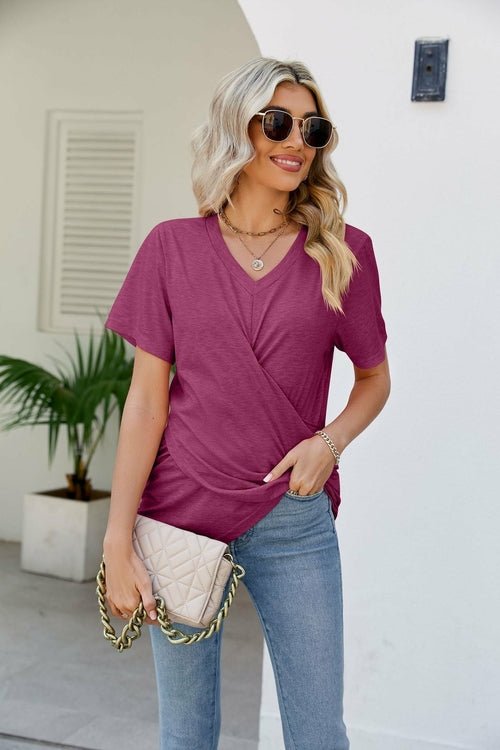 Casual Short-Sleeve V-Neck T-Shirt with Knotted Front - Busy Bee Bazaar
