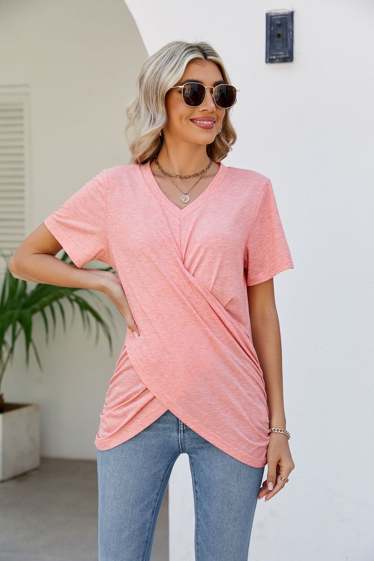 Casual Short-Sleeve V-Neck T-Shirt with Knotted Front - Busy Bee Bazaar