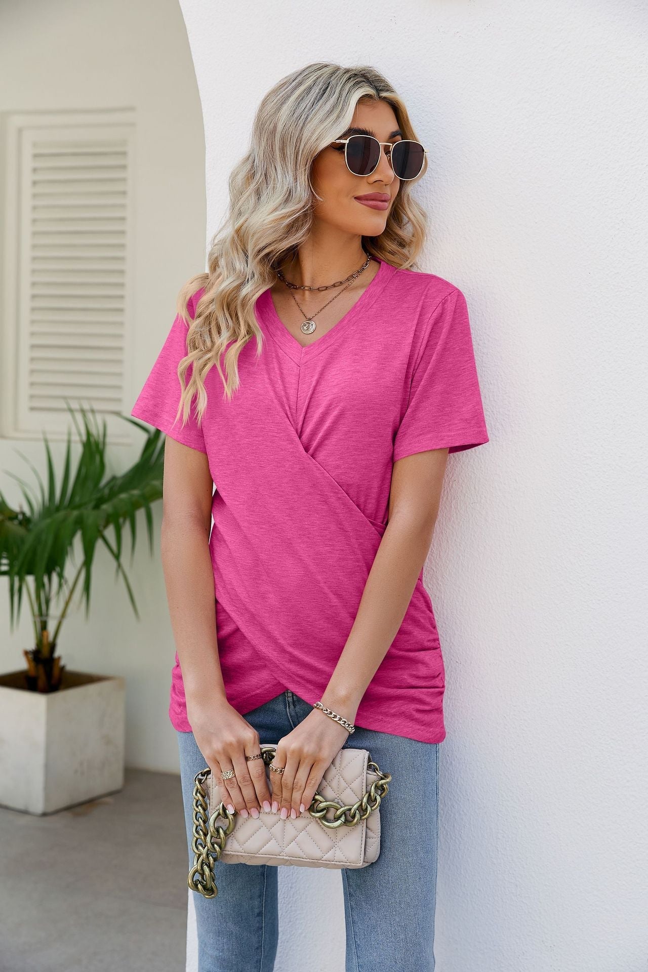 Casual Short-Sleeve V-Neck T-Shirt with Knotted Front - Busy Bee Bazaar