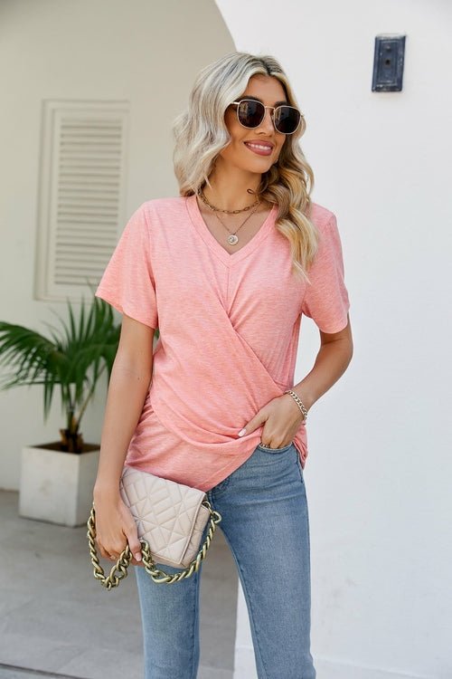 Casual Short-Sleeve V-Neck T-Shirt with Knotted Front - Busy Bee Bazaar
