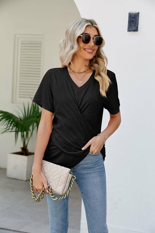 Casual Short-Sleeve V-Neck T-Shirt with Knotted Front - Busy Bee Bazaar