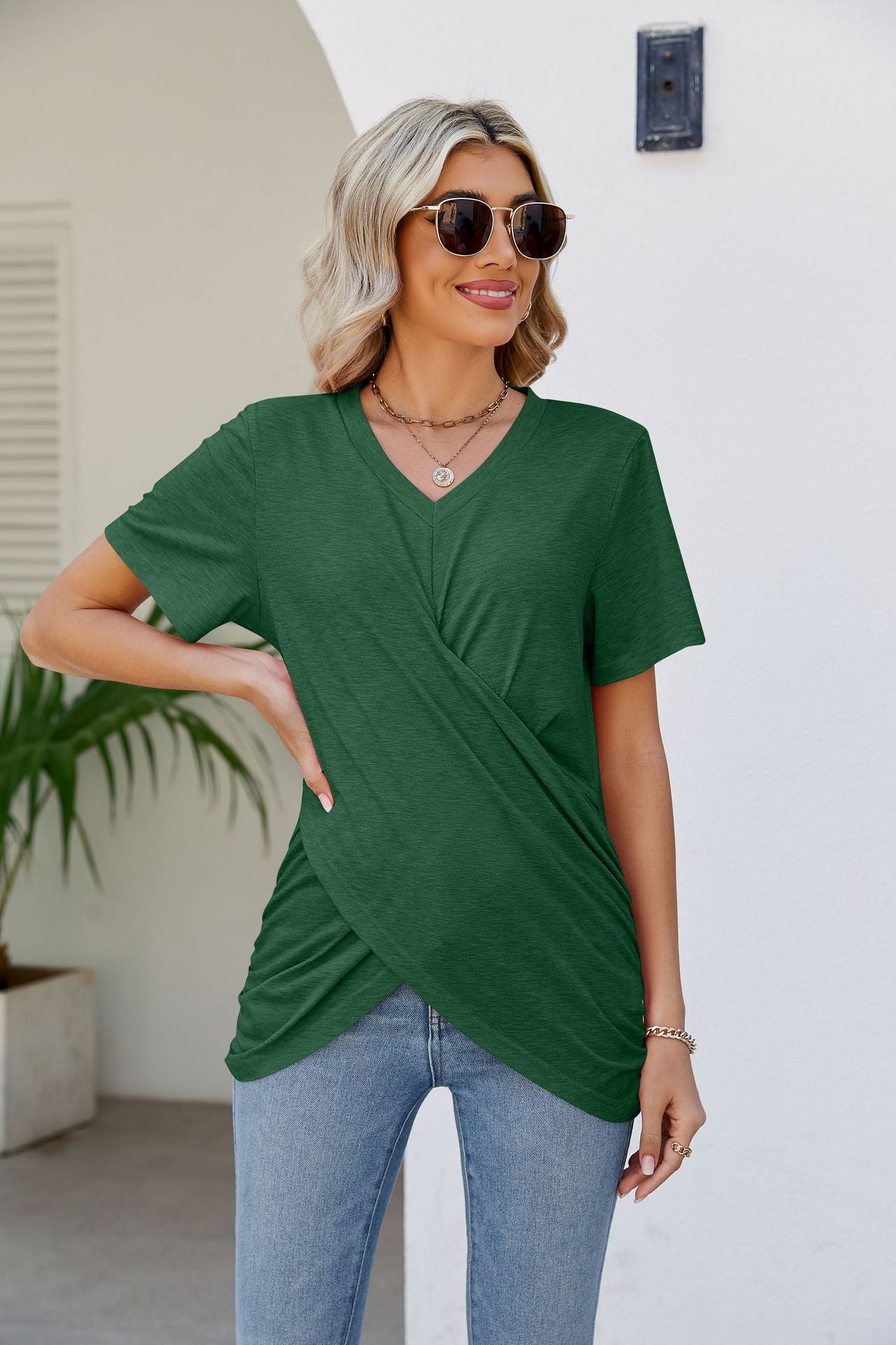 Casual Short-Sleeve V-Neck T-Shirt with Knotted Front - Busy Bee Bazaar