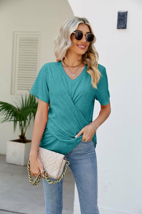 Casual Short-Sleeve V-Neck T-Shirt with Knotted Front - Busy Bee Bazaar
