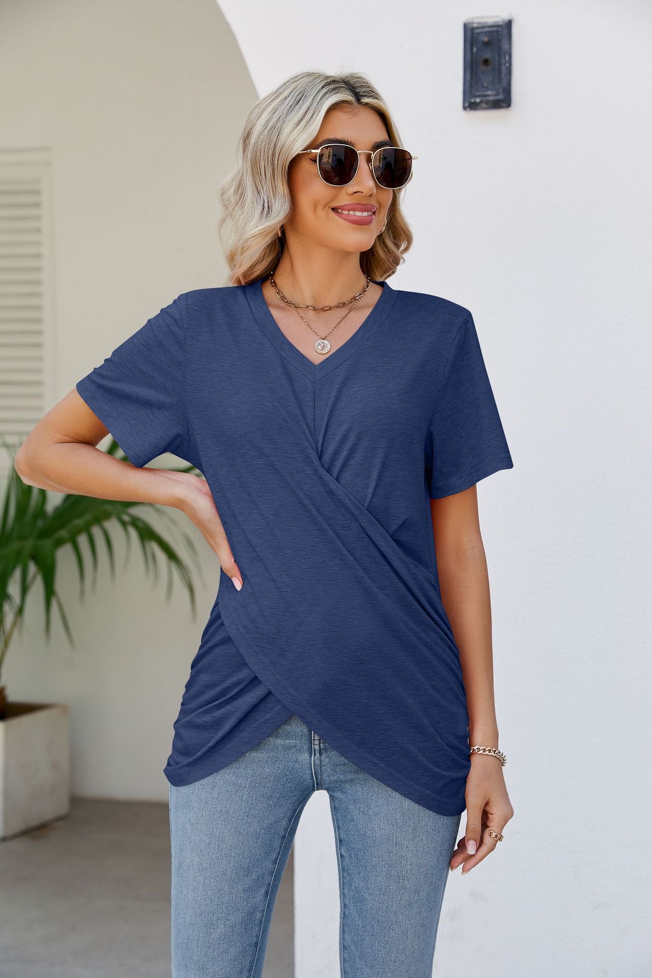 Casual Short-Sleeve V-Neck T-Shirt with Knotted Front - Busy Bee Bazaar