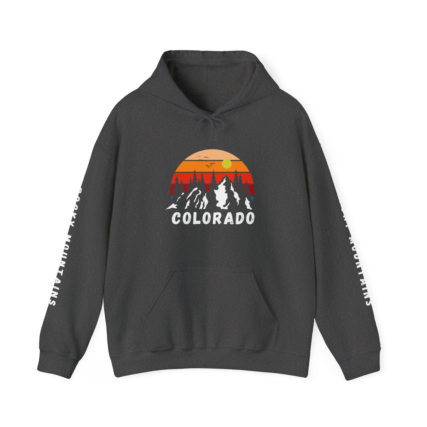 Colorado Rocky Mountains Hoodie, Colorado sunset with mountains and Rocky Mountains printed sleeves - Busy Bee Bazaar