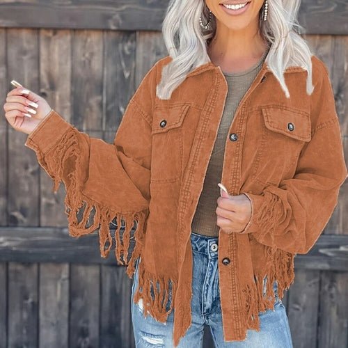 Corduroy Fashion Long Sleeve Tassel Button Coat - Busy Bee Bazaar