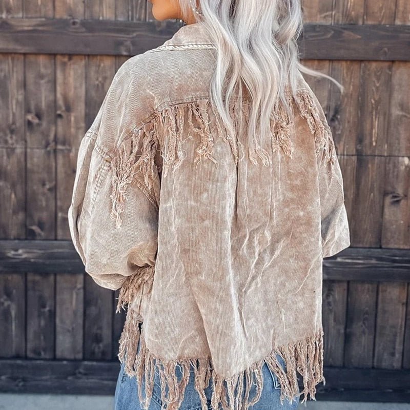 Corduroy Fashion Long Sleeve Tassel Button Coat - Busy Bee Bazaar