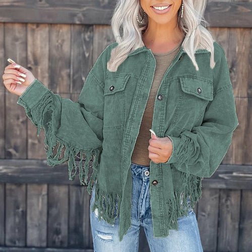 Corduroy Fashion Long Sleeve Tassel Button Coat - Busy Bee Bazaar