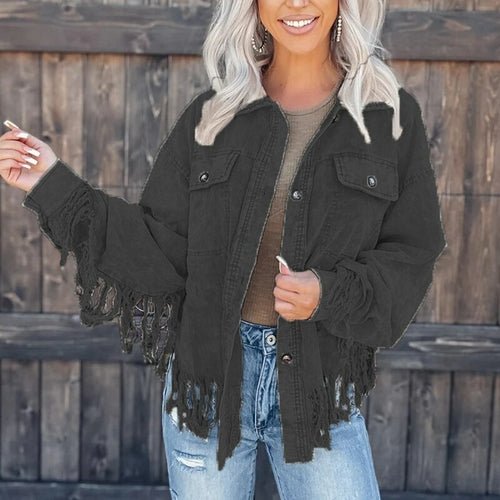 Corduroy Fashion Long Sleeve Tassel Button Coat - Busy Bee Bazaar