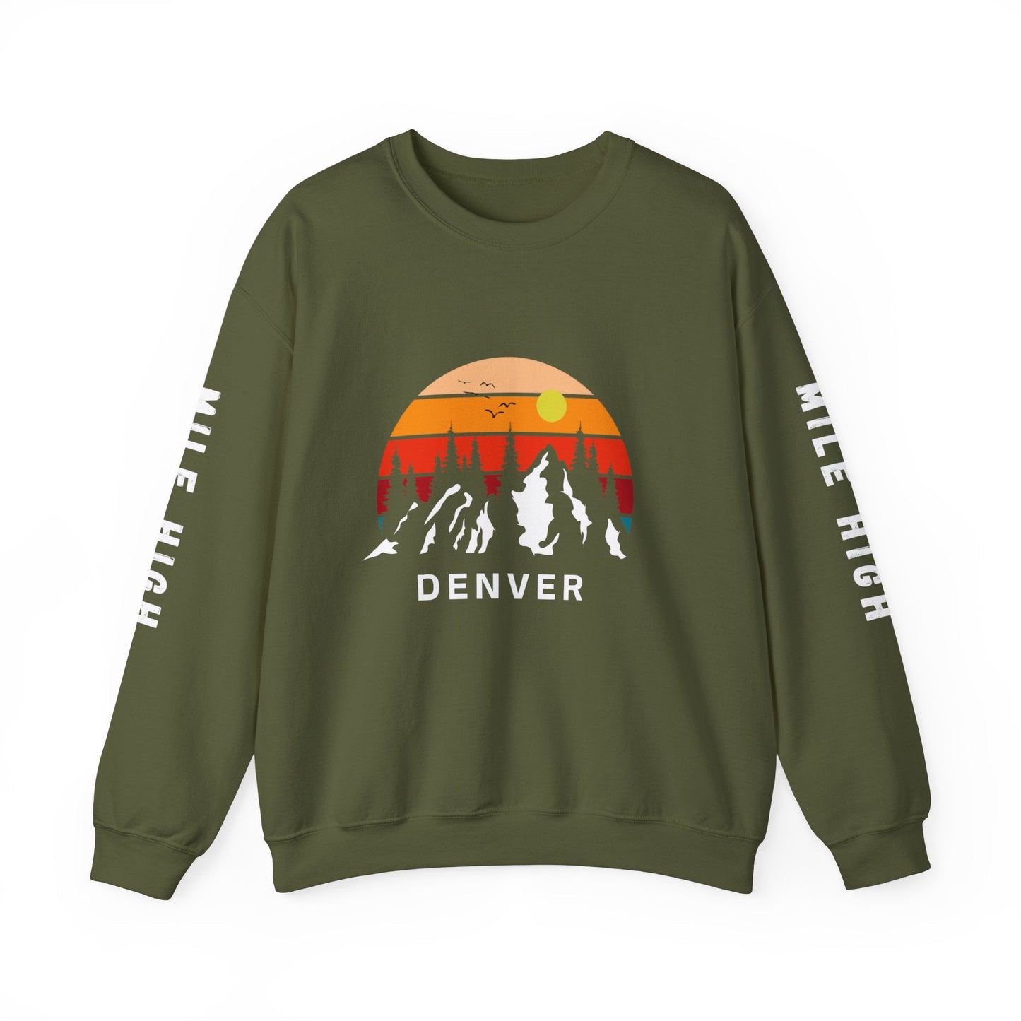 Denver Mile High sweatshirt, Denver sunset with mountains and Mile High on printed sleeves - Busy Bee Bazaar