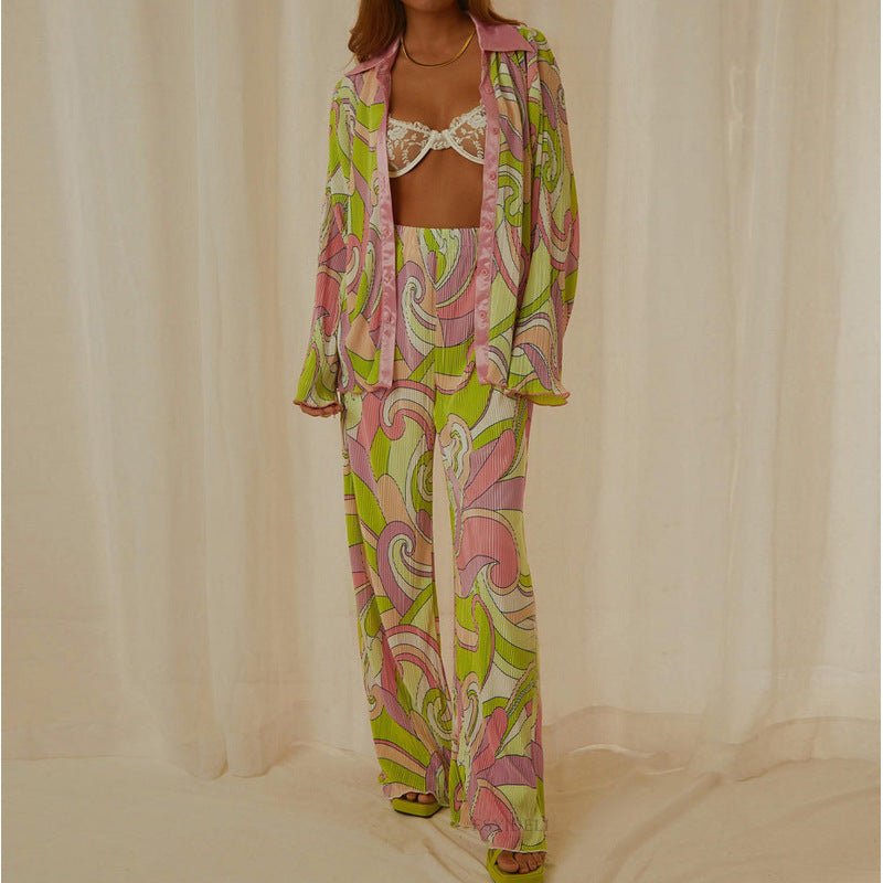 Floral Elegant Casual Long Sleeve Blouses With High Waist Pants Set - Busy Bee Bazaar
