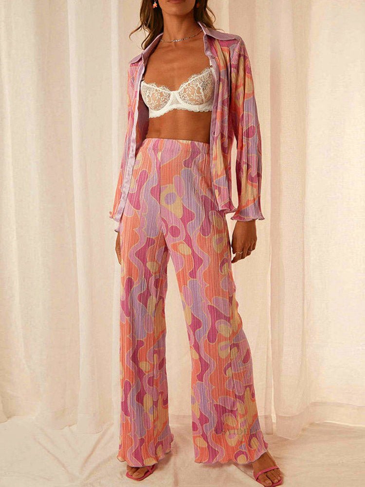 Floral Elegant Casual Long Sleeve Blouses With High Waist Pants Set - Busy Bee Bazaar
