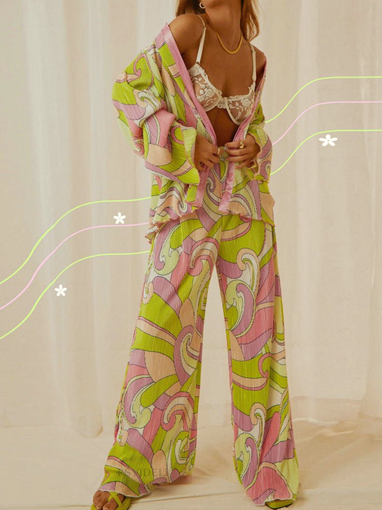 Floral Elegant Casual Long Sleeve Blouses With High Waist Pants Set - Busy Bee Bazaar