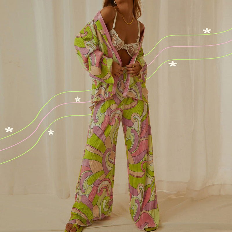 Floral Elegant Casual Long Sleeve Blouses With High Waist Pants Set - Busy Bee Bazaar