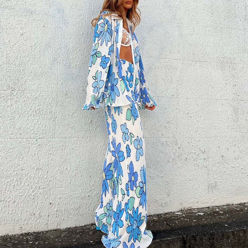 Floral Elegant Casual Long Sleeve Blouses With High Waist Pants Set - Busy Bee Bazaar