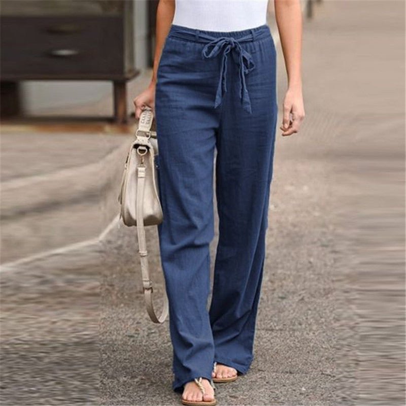Linen Cotton Solid Elastic Waist Trousers Casual Pants - Busy Bee Bazaar