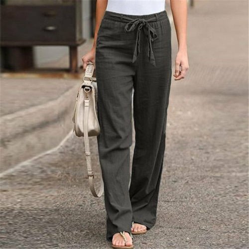 Linen Cotton Solid Elastic Waist Trousers Casual Pants - Busy Bee Bazaar
