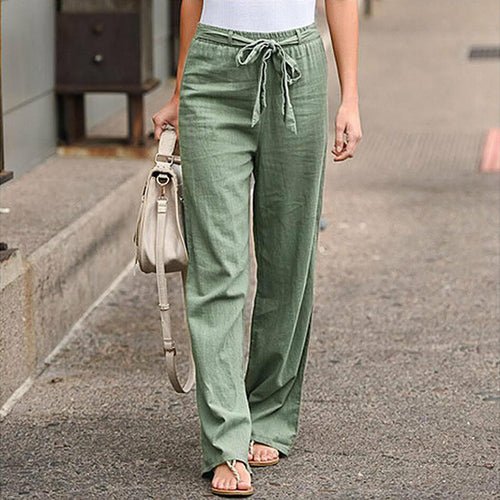 Linen Cotton Solid Elastic Waist Trousers Casual Pants - Busy Bee Bazaar