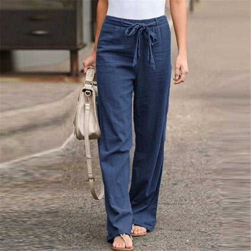 Linen Cotton Solid Elastic Waist Trousers Casual Pants - Busy Bee Bazaar