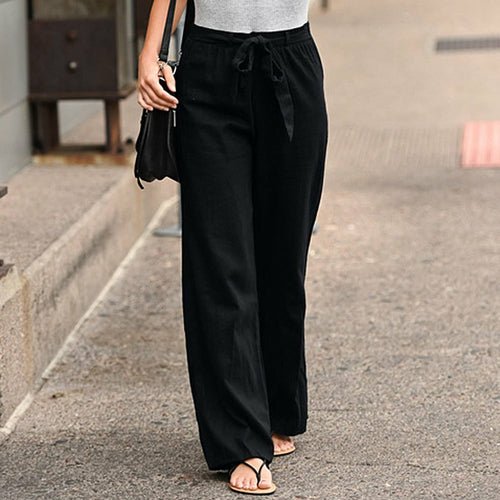Linen Cotton Solid Elastic Waist Trousers Casual Pants - Busy Bee Bazaar