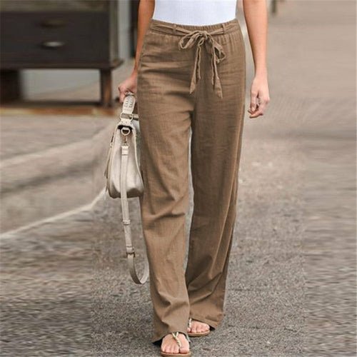 Linen Cotton Solid Elastic Waist Trousers Casual Pants - Busy Bee Bazaar