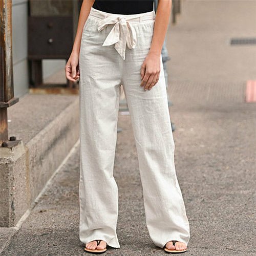 Linen Cotton Solid Elastic Waist Trousers Casual Pants - Busy Bee Bazaar